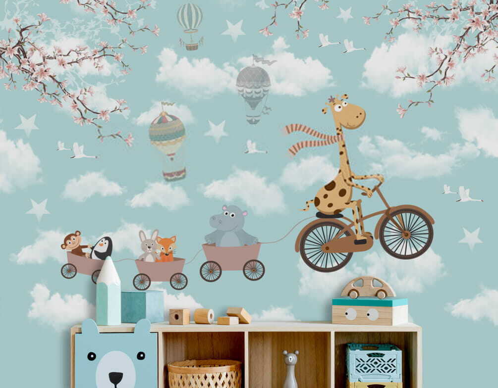 Giraffe riding a bicycle with animals in a train Giraffe riding a bicycle with animals in a train