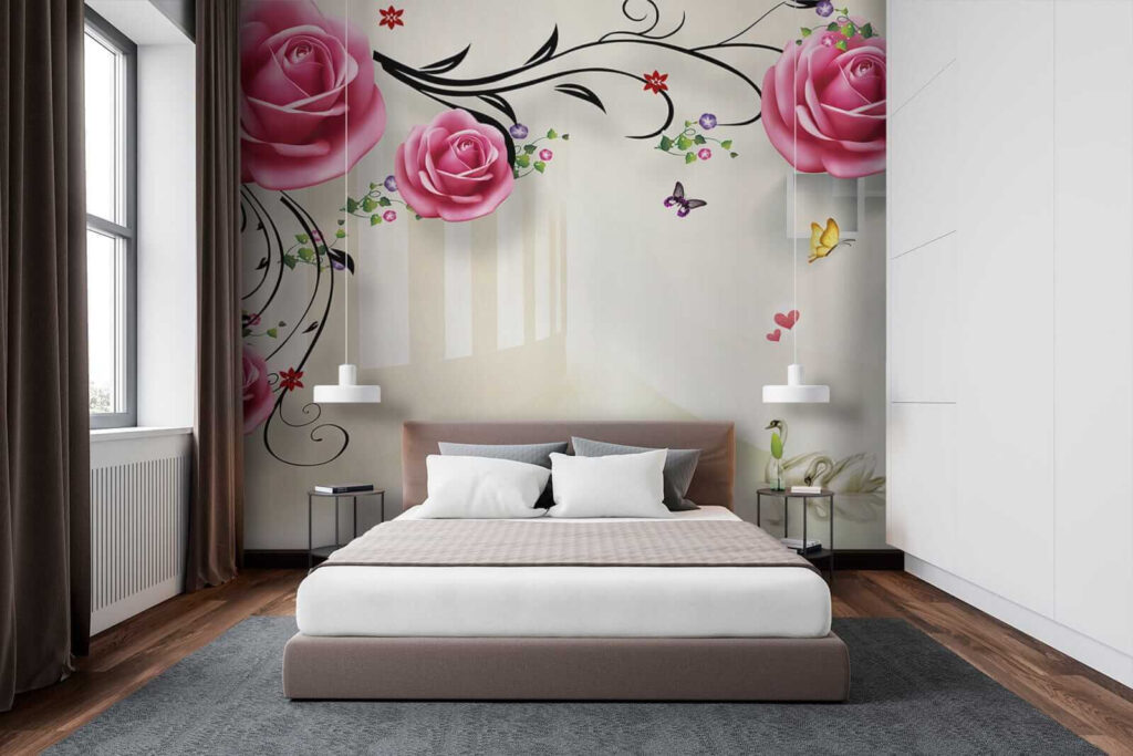 Wallpaper with roses and birds