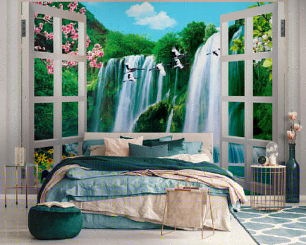 Window with a waterfall and birds flying through it Window with a waterfall and birds flying through it