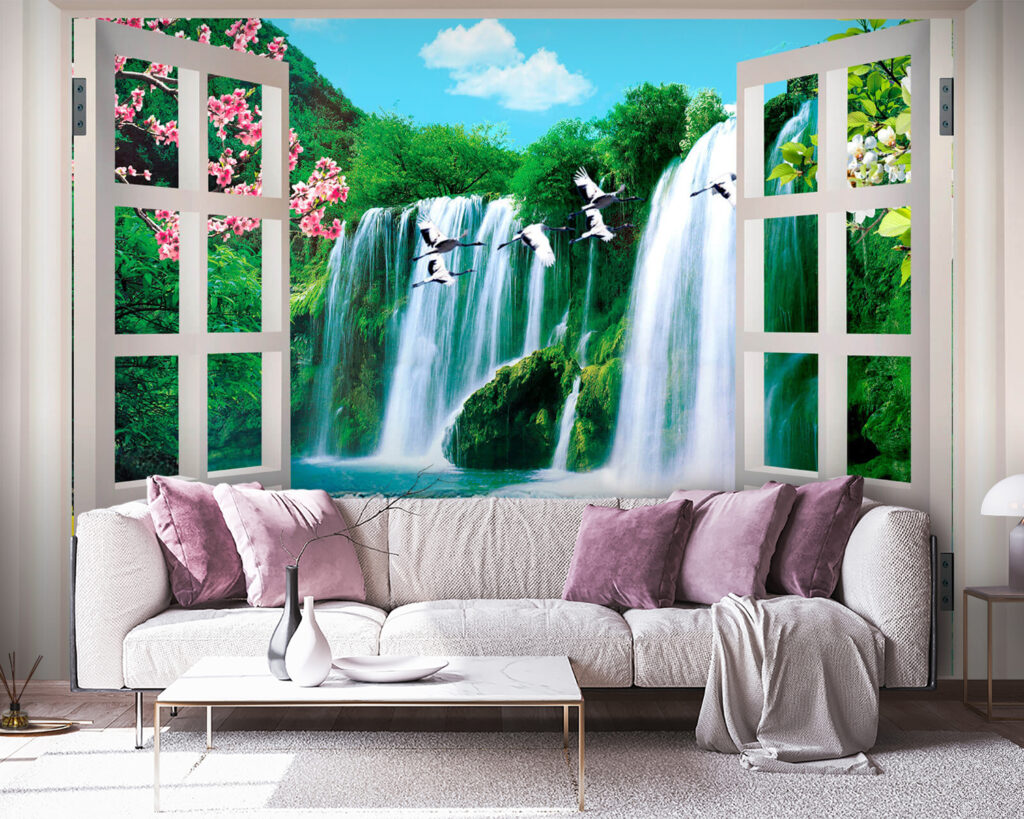 Window with a waterfall and birds flying through it Window with a waterfall and birds flying through it