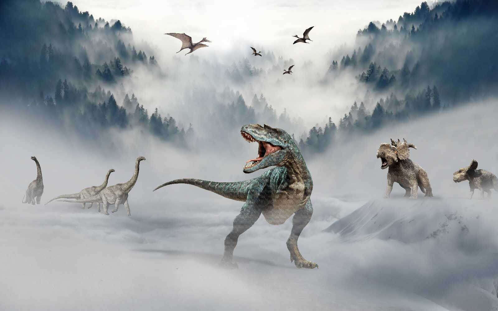 Group of dinosaurs in the snow Group of dinosaurs in the snow