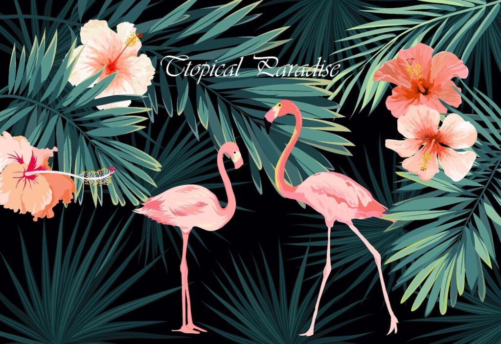 Wall murals Couple of pink flamingos and flowers Wall murals Couple of pink flamingos and flowers