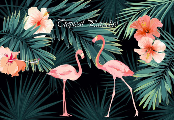 Wall murals Couple of pink flamingos and flowers Wall murals Couple of pink flamingos and flowers