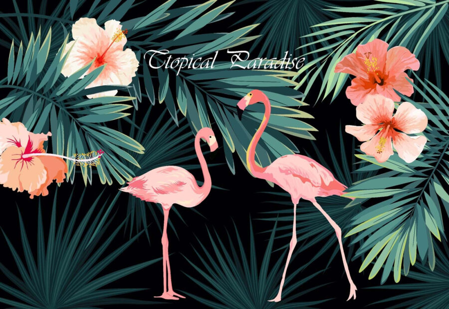 Wall murals Couple of pink flamingos and flowers