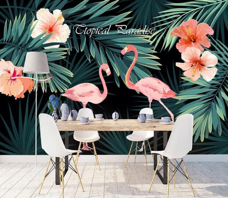 Wall murals Couple of pink flamingos and flowers
