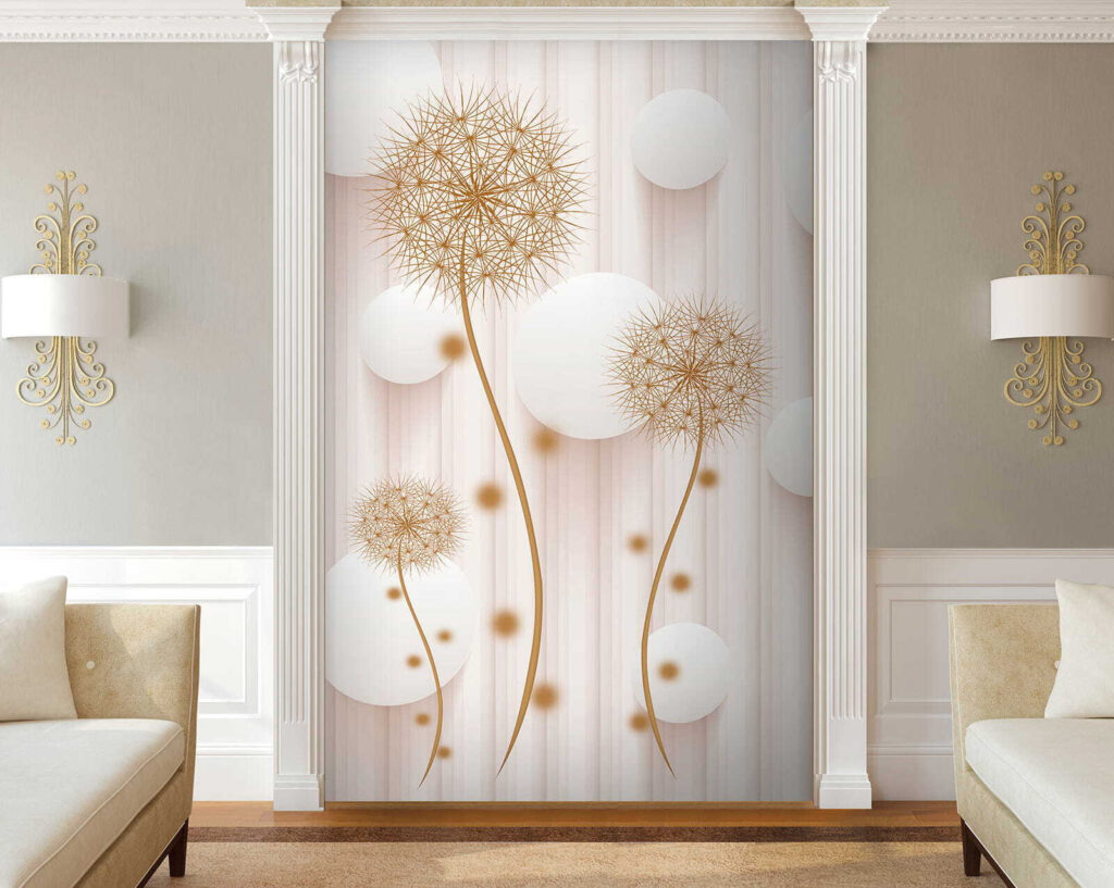 White circles and dandelions on a white background