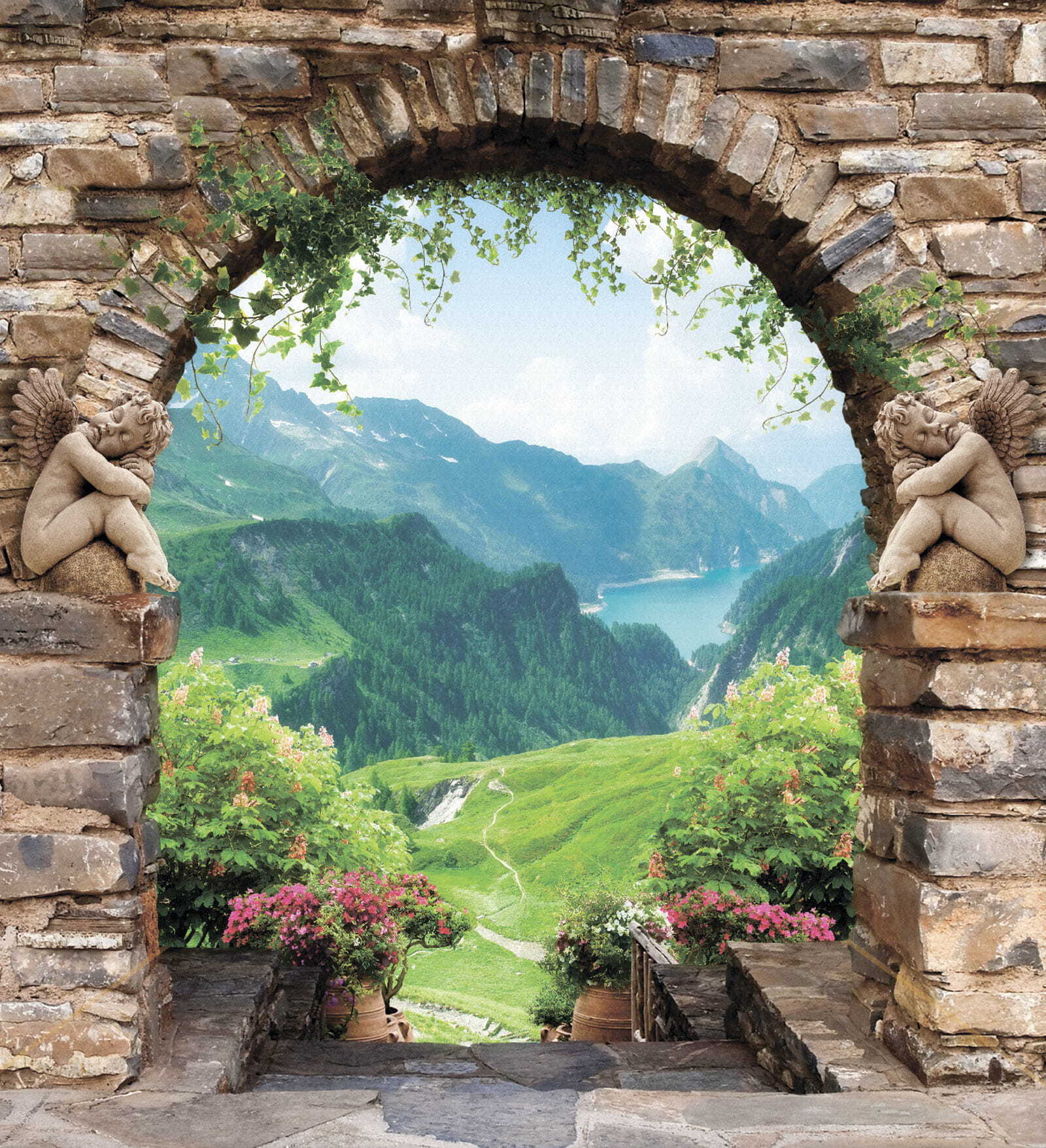 Stone archway with stone statues and a view of a valley and mountains Stone archway with stone statues and a view of a valley and mountains