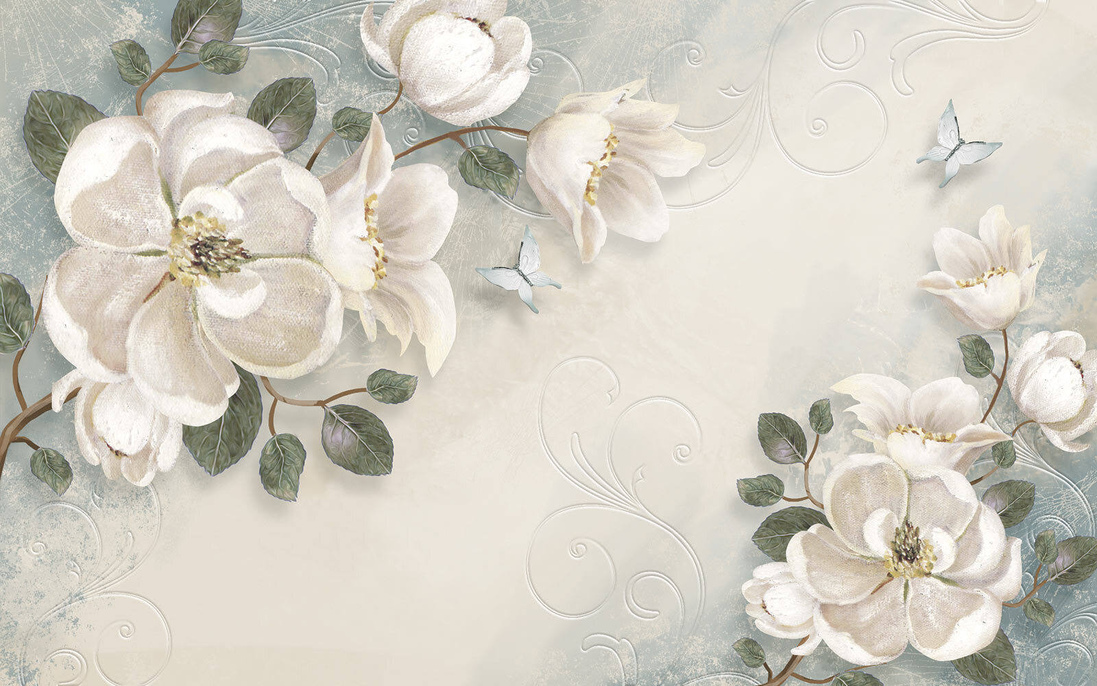 u52620p - Білі квіти та листя на білому тлі - tegory