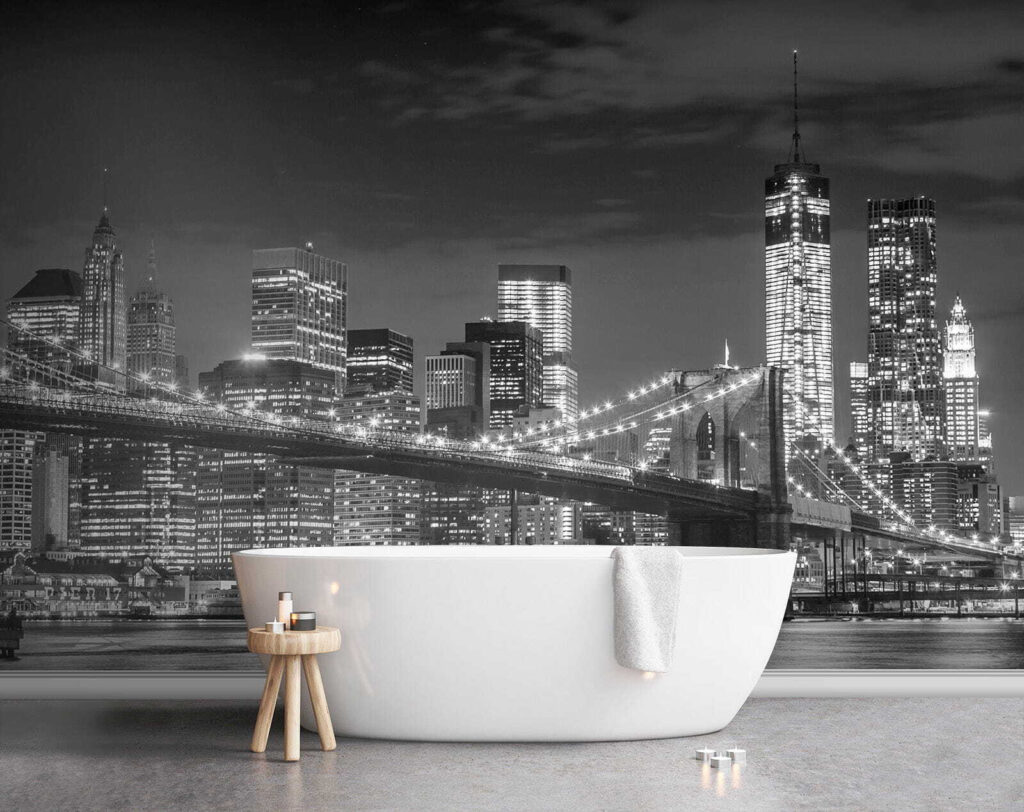 Bridge over water with city skyline at night Bridge over water with city skyline at night