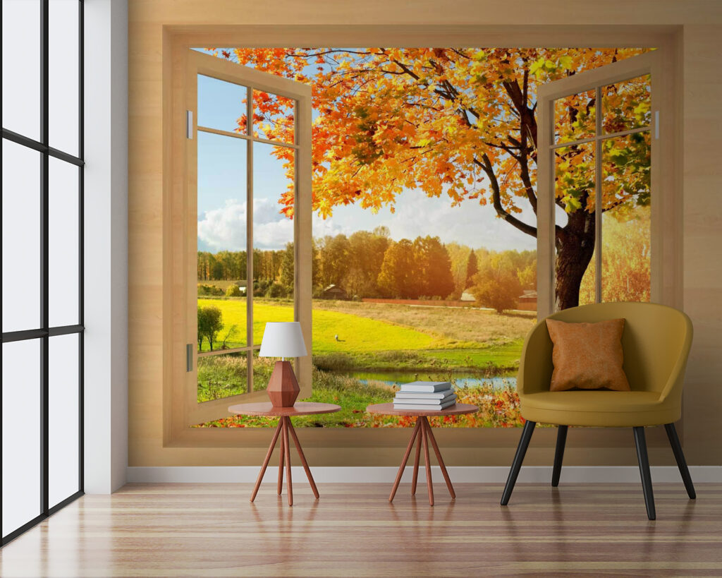 Window with trees and a river