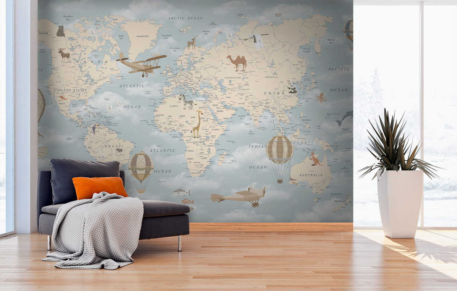 Map of the world with different animals and birds