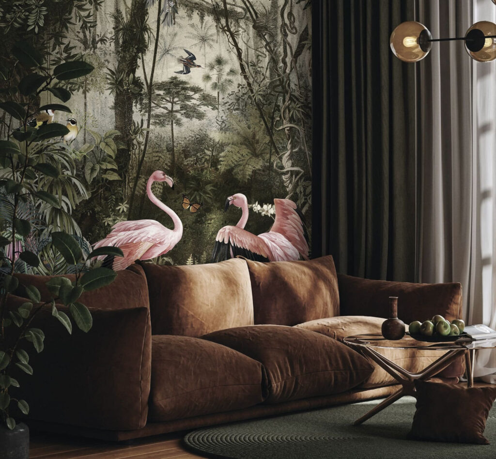 Group of pink flamingos in a forest Group of pink flamingos in a forest