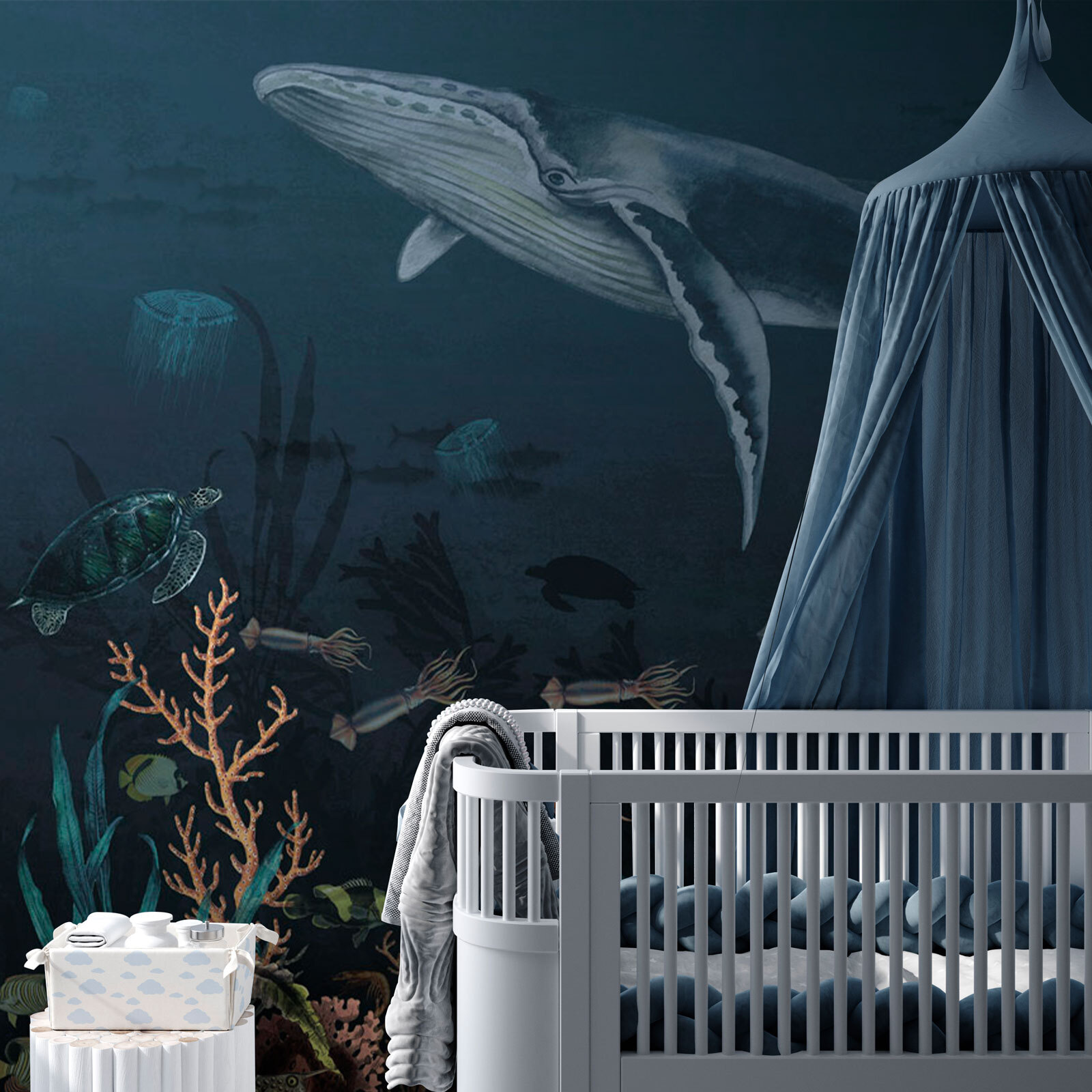 Group of fish and whales swimming in the ocean Group of fish and whales swimming in the ocean