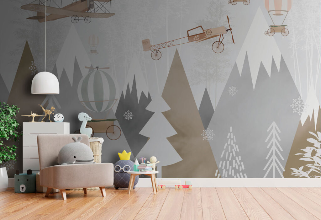 Wall mural of airplanes and hot air balloons flying over mountains Wall mural of airplanes and hot air balloons flying over mountains