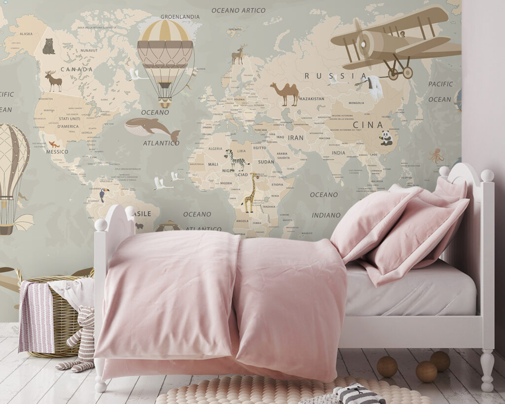 Map of the world with airplanes and hot air balloons