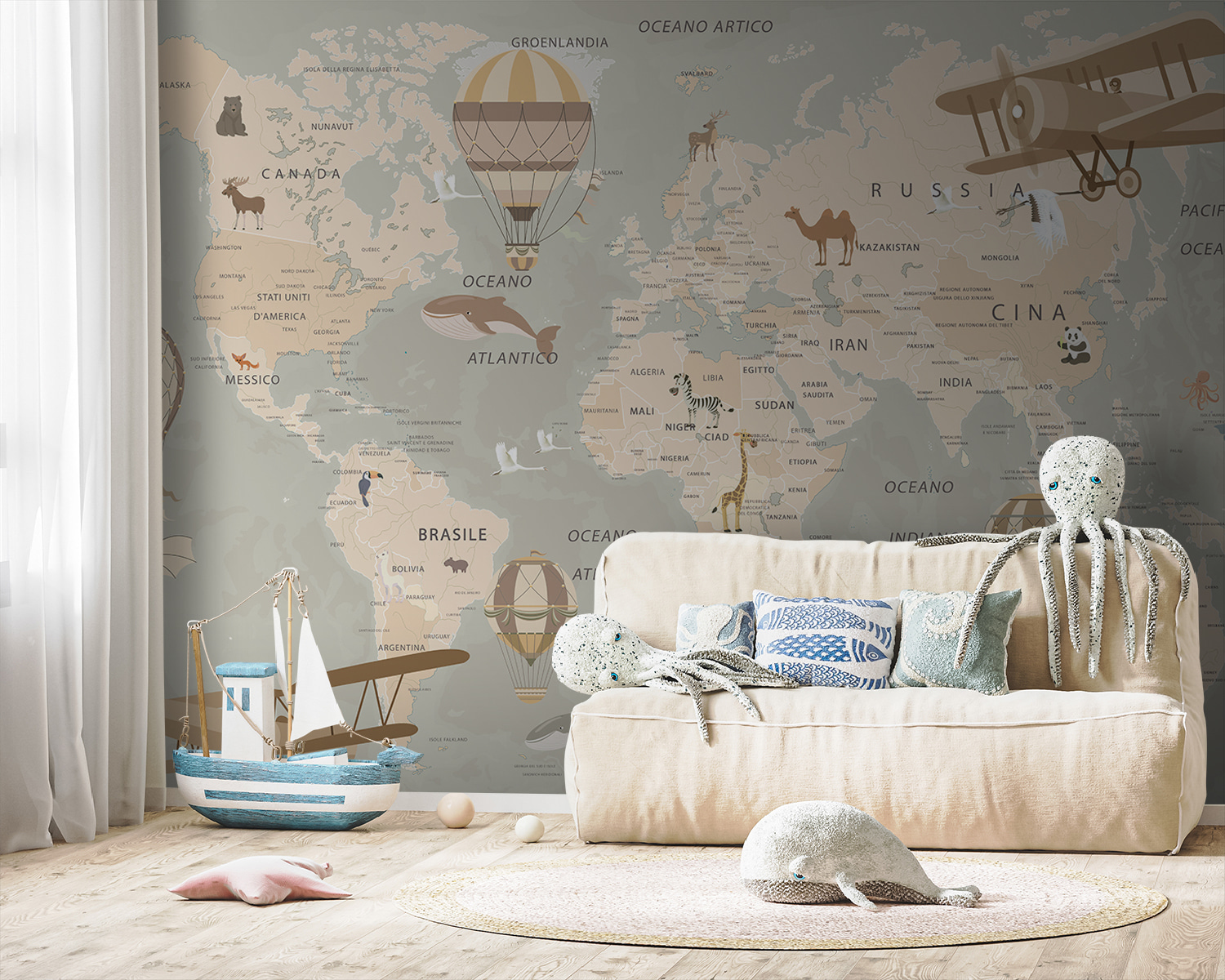 Map of the world with airplanes and hot air balloons