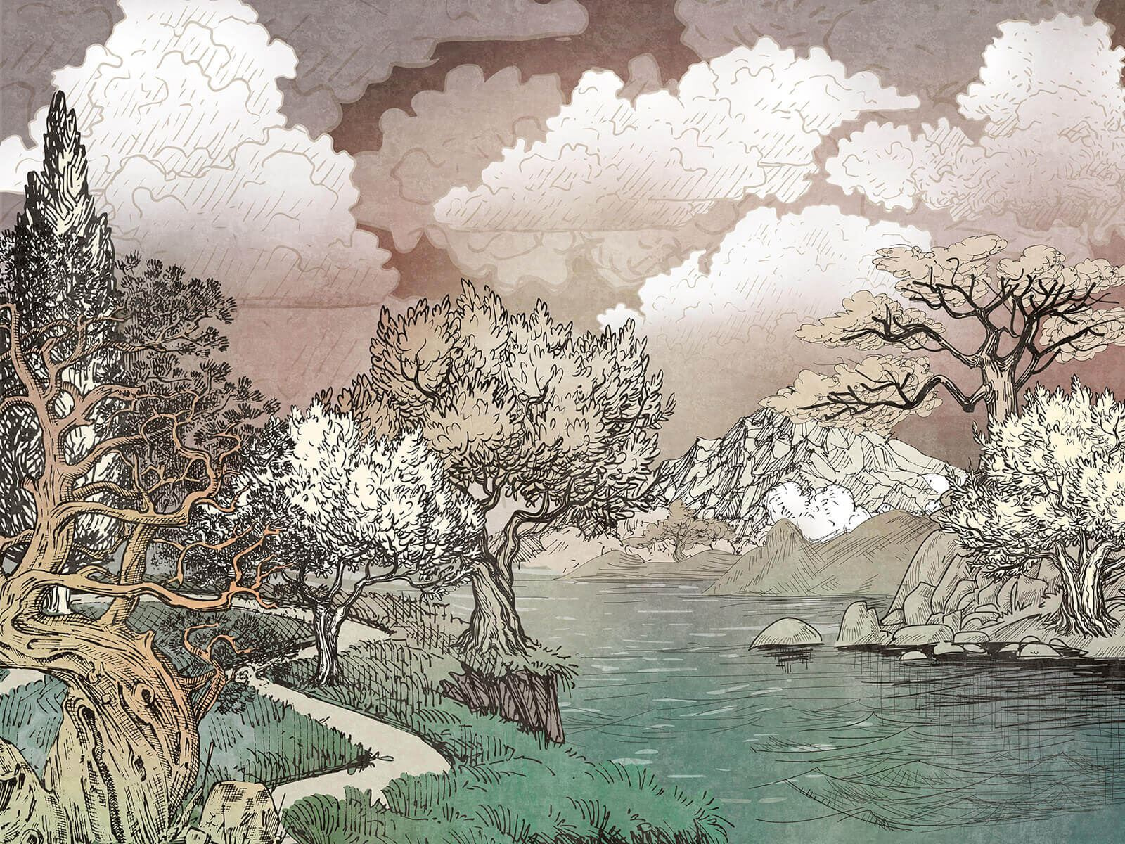 u80323p - Пейзаж з деревами та озером - tegory