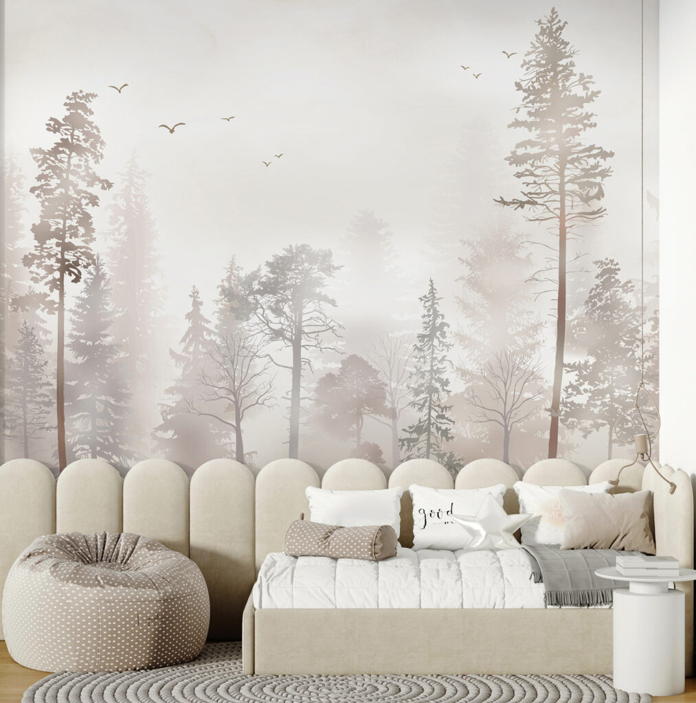 A group of trees in a foggy forest A group of trees in a foggy forest