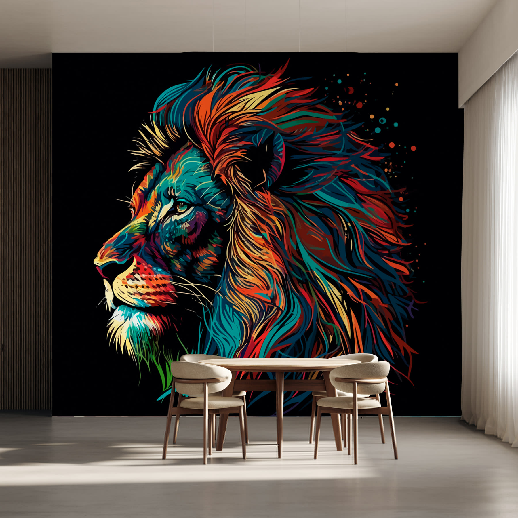 A colorful lion with long mane