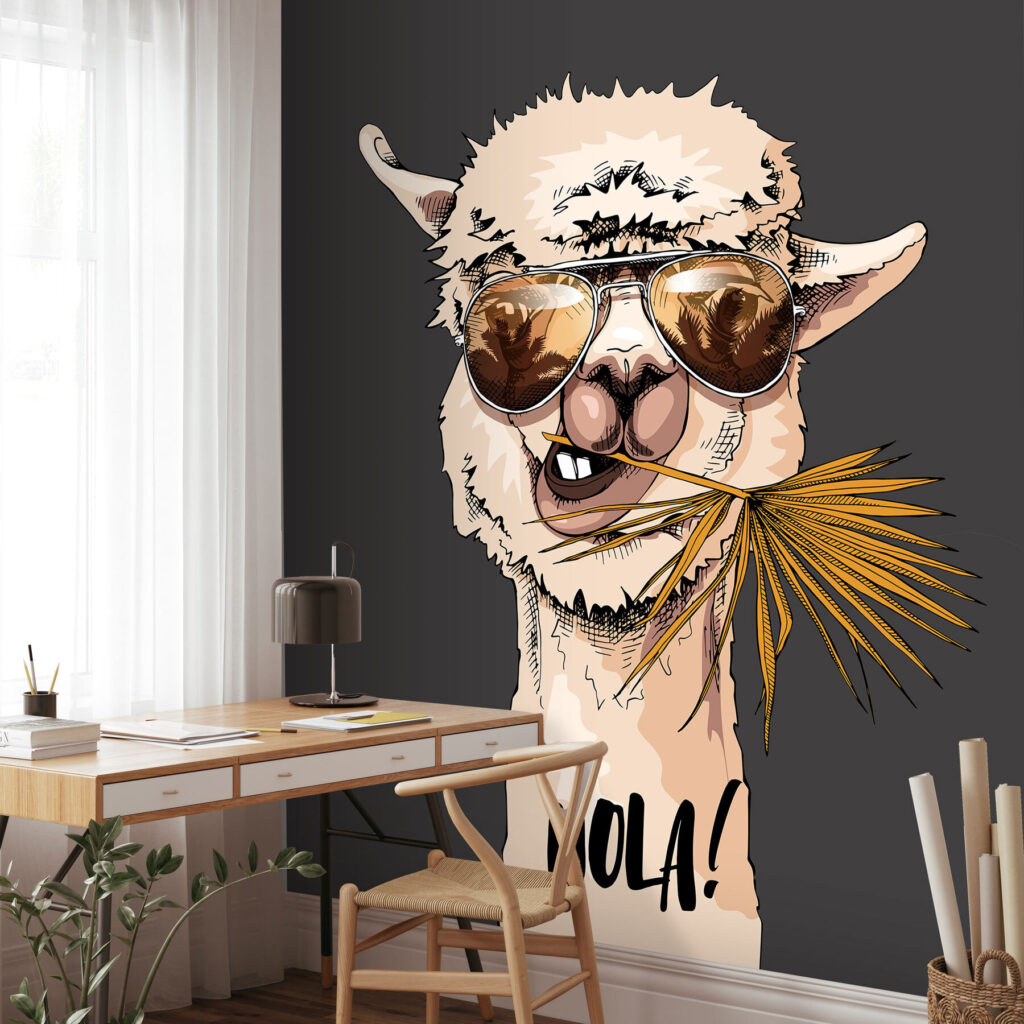 A llama wearing sunglasses and eating a leaf