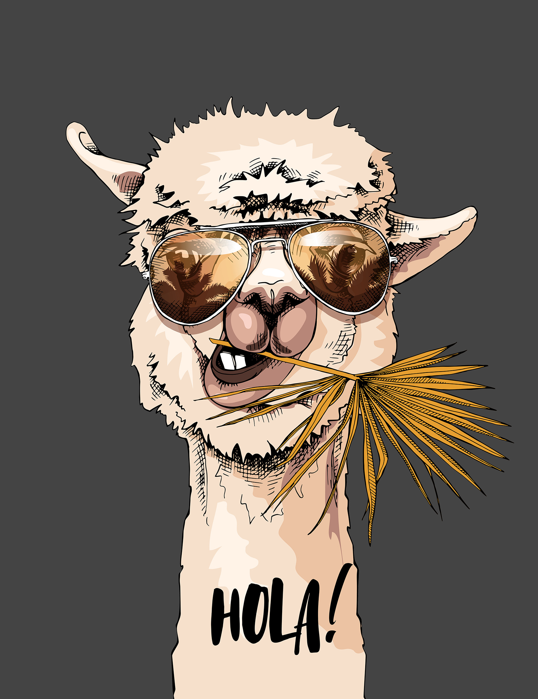 A llama wearing sunglasses and eating a leaf