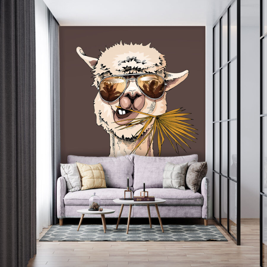 A llama wearing sunglasses and eating a palm leaf A llama wearing sunglasses and eating a palm leaf