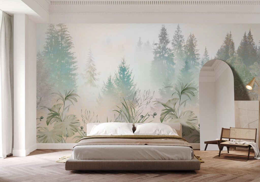 A foggy forest with plants and trees A foggy forest with plants and trees