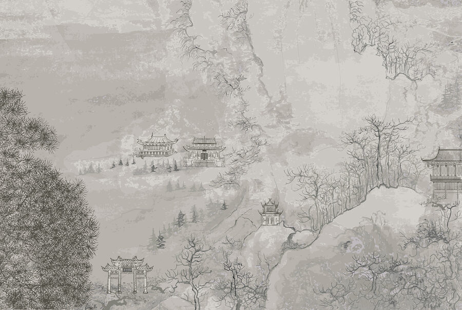 A painting of buildings on a mountain A painting of buildings on a mountain