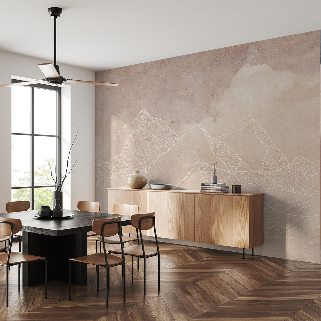 A drawing of mountains and clouds