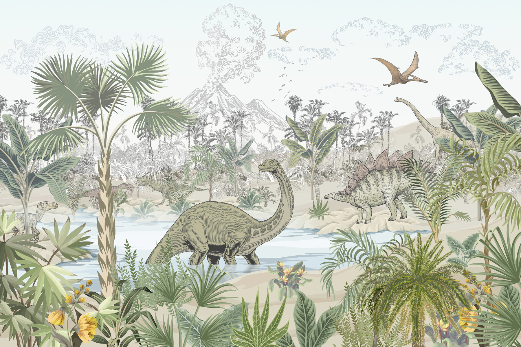 A group of dinosaurs in a river A group of dinosaurs in a river