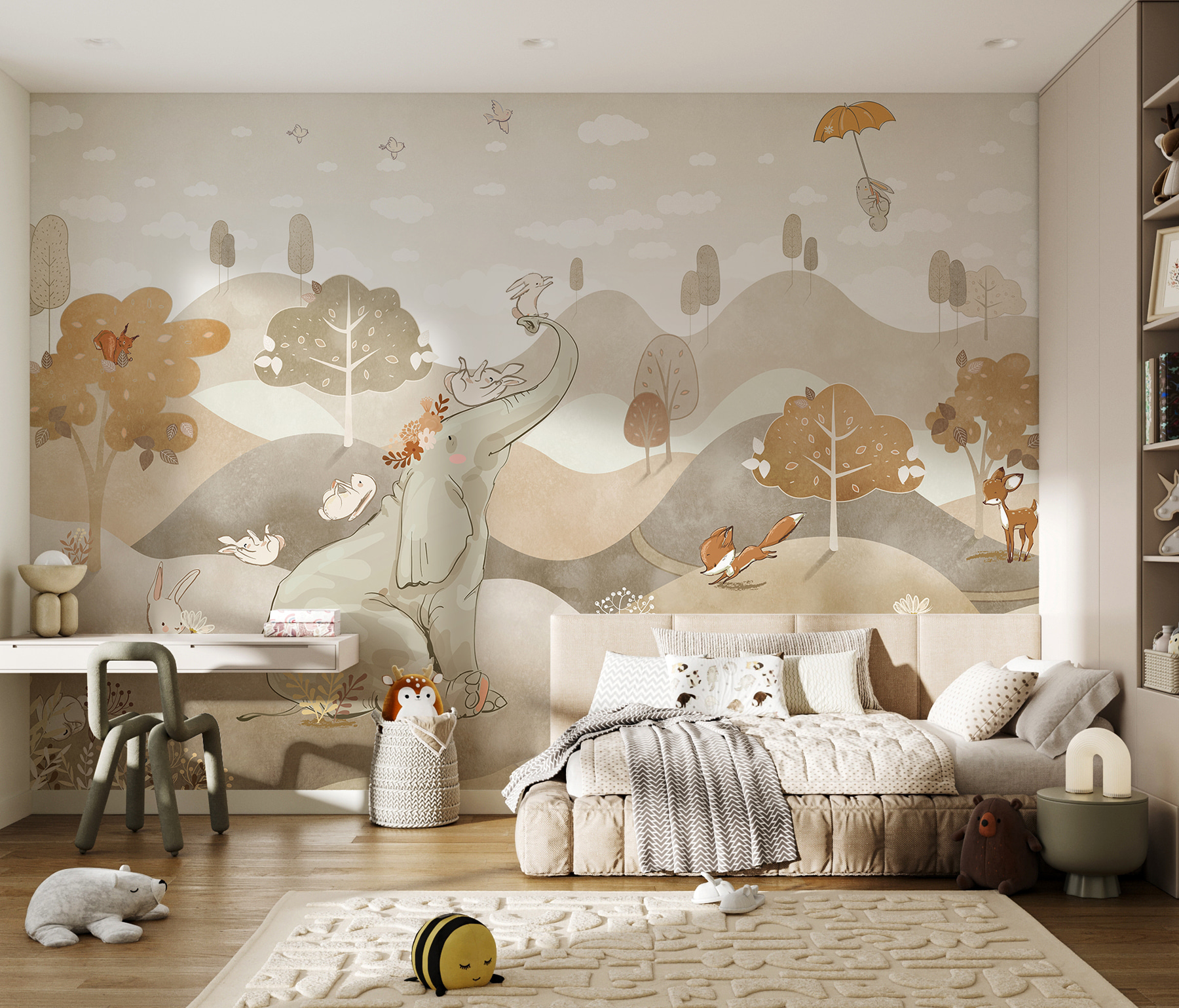 An elephant and rabbits in a landscape An elephant and rabbits in a landscape