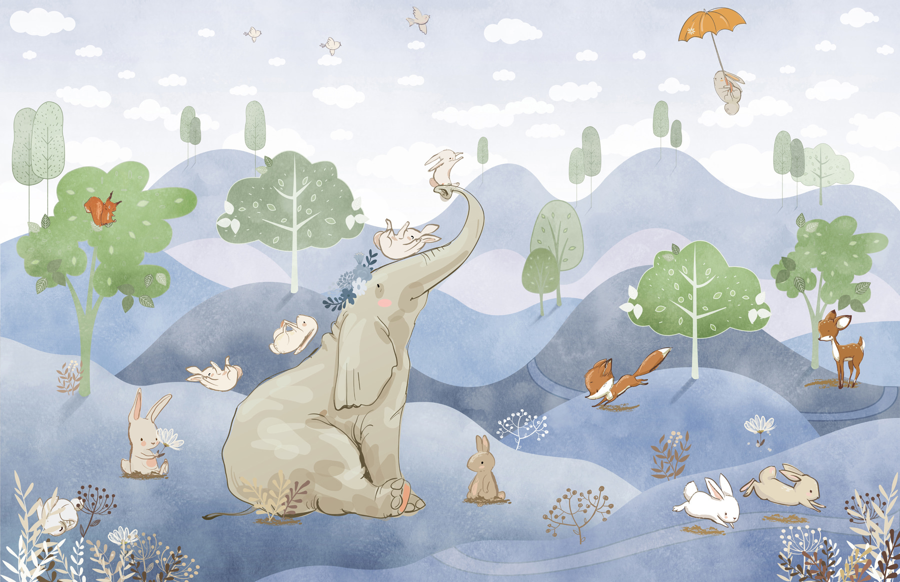 An elephant and rabbits in a forest An elephant and rabbits in a forest