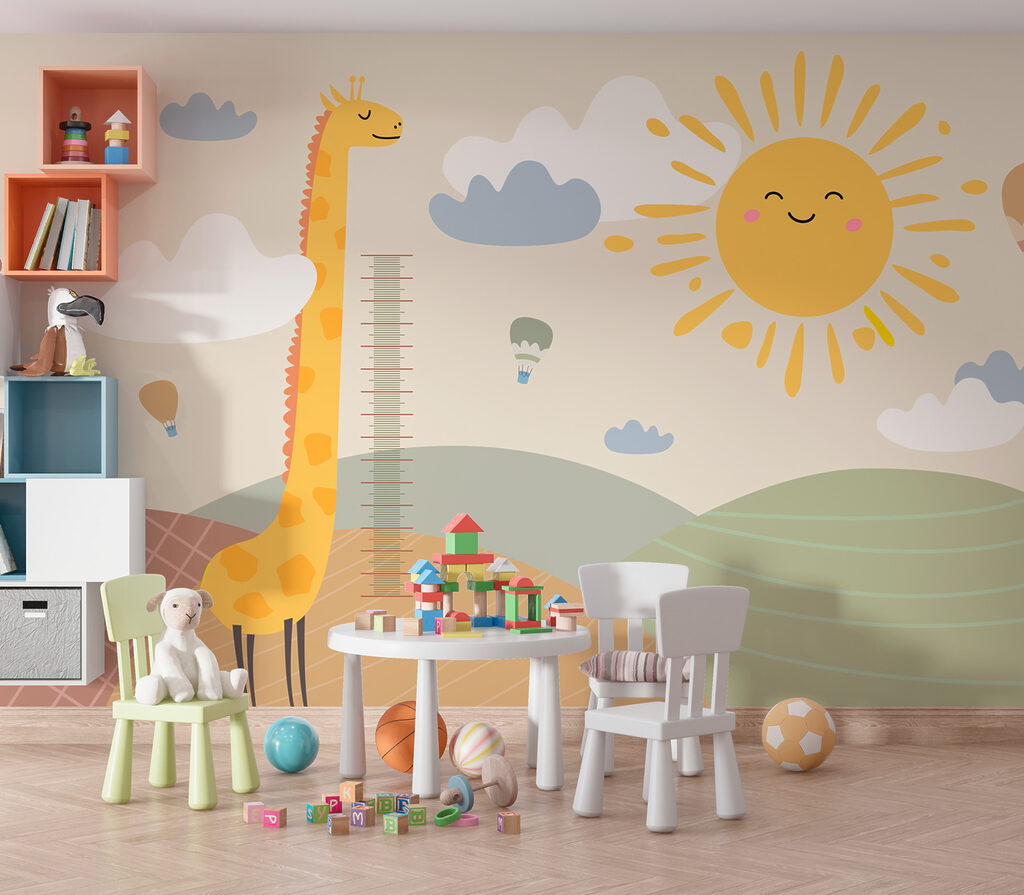 A giraffe standing in a field with a sun and clouds A giraffe standing in a field with a sun and clouds