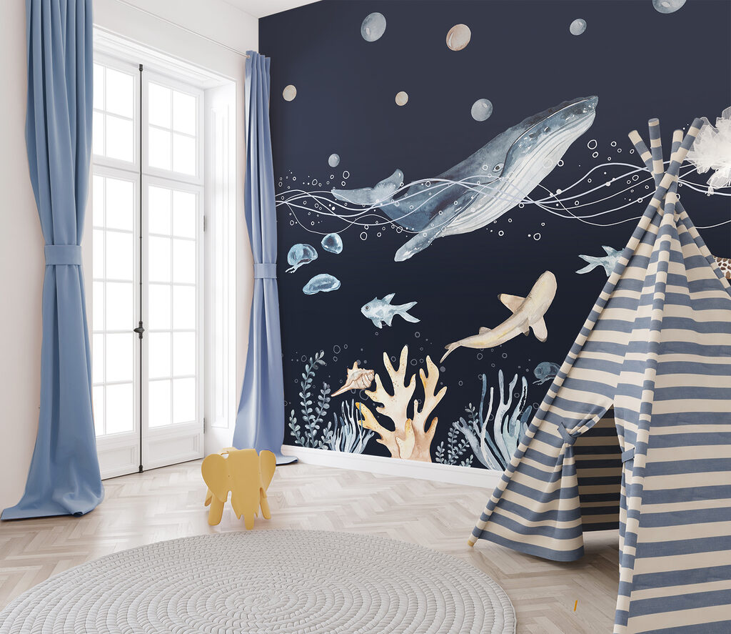 A watercolor of a whale and fish A watercolor of a whale and fish