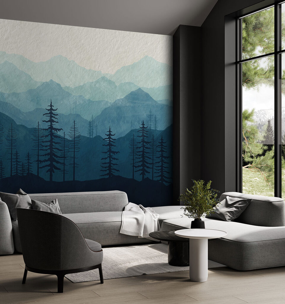 A landscape of mountains and trees