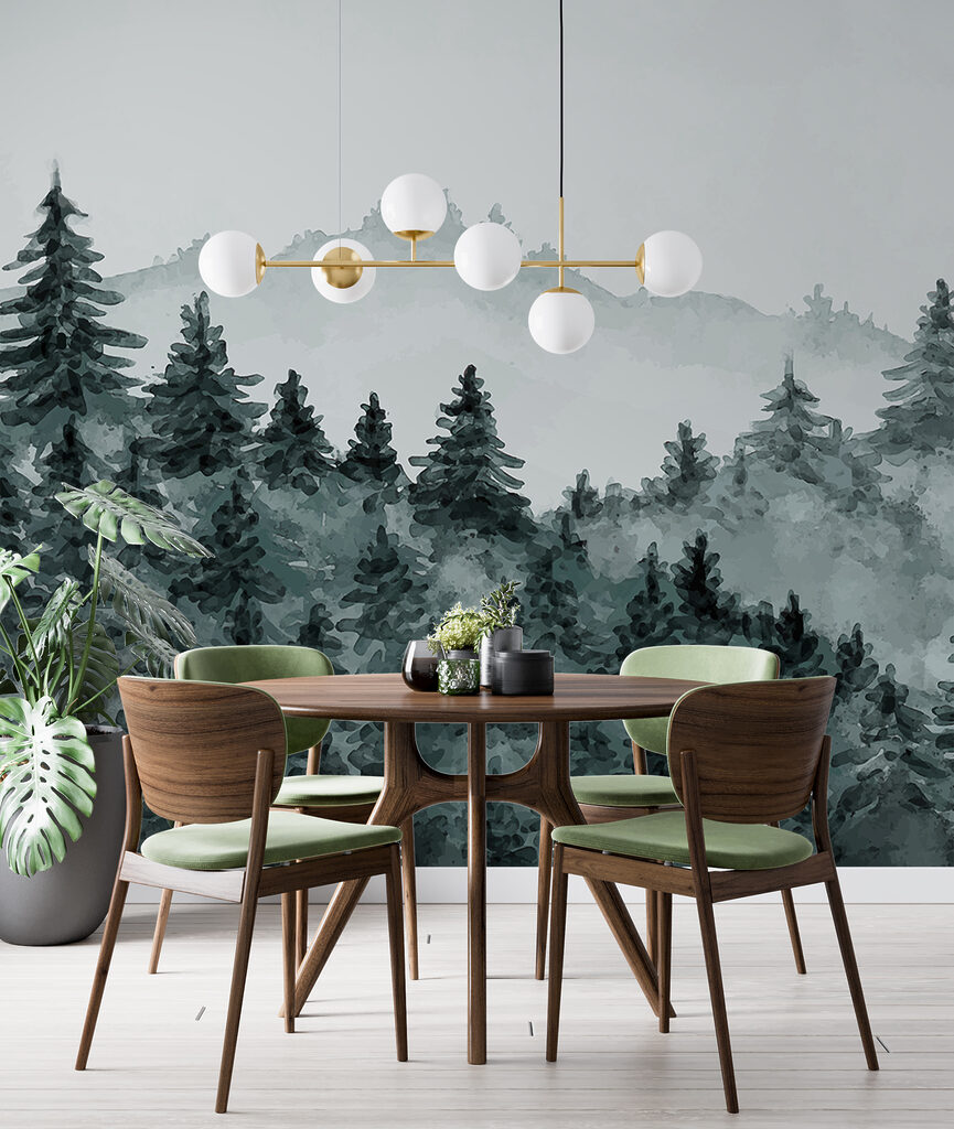 A foggy forest with trees