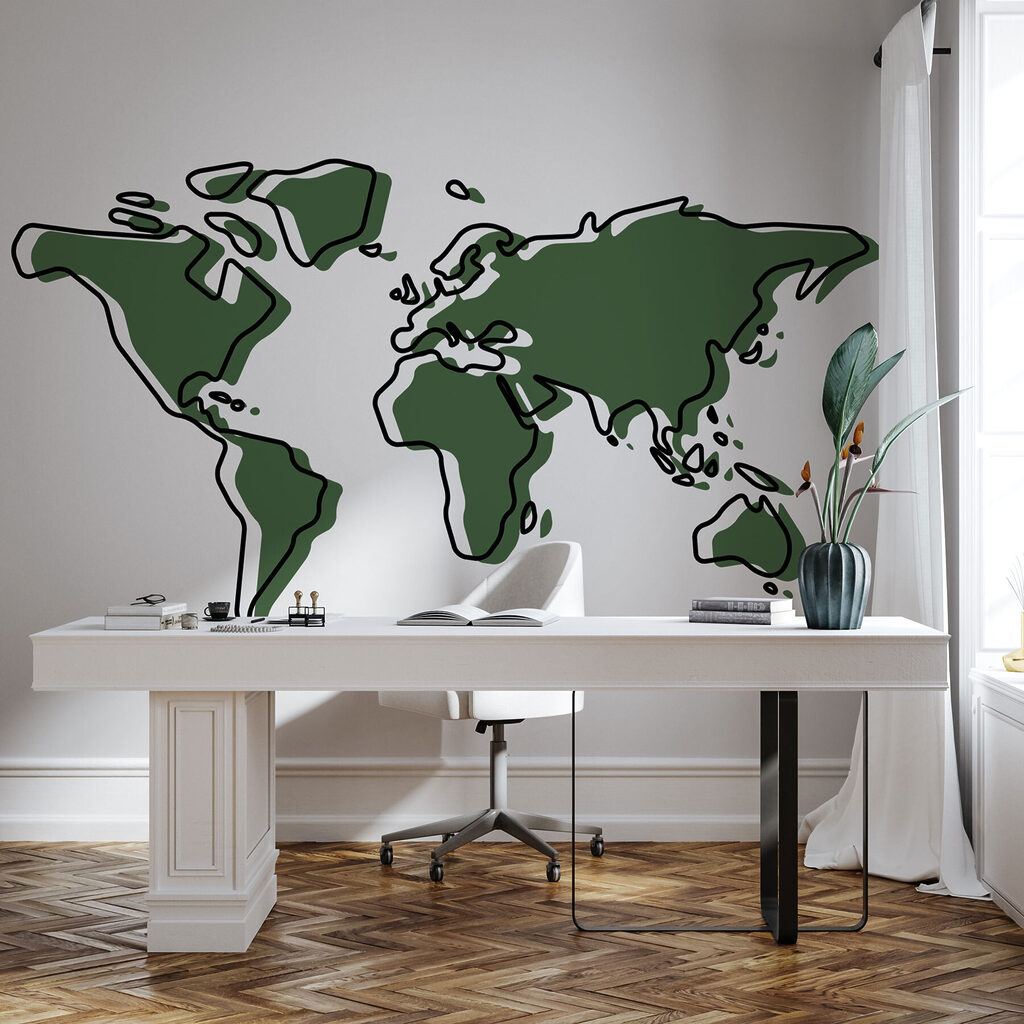 A green and black outline of a world map