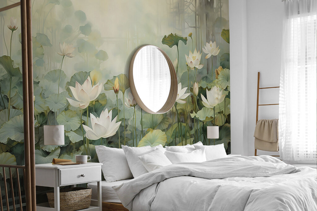 A white flowers and green leaves in a pond