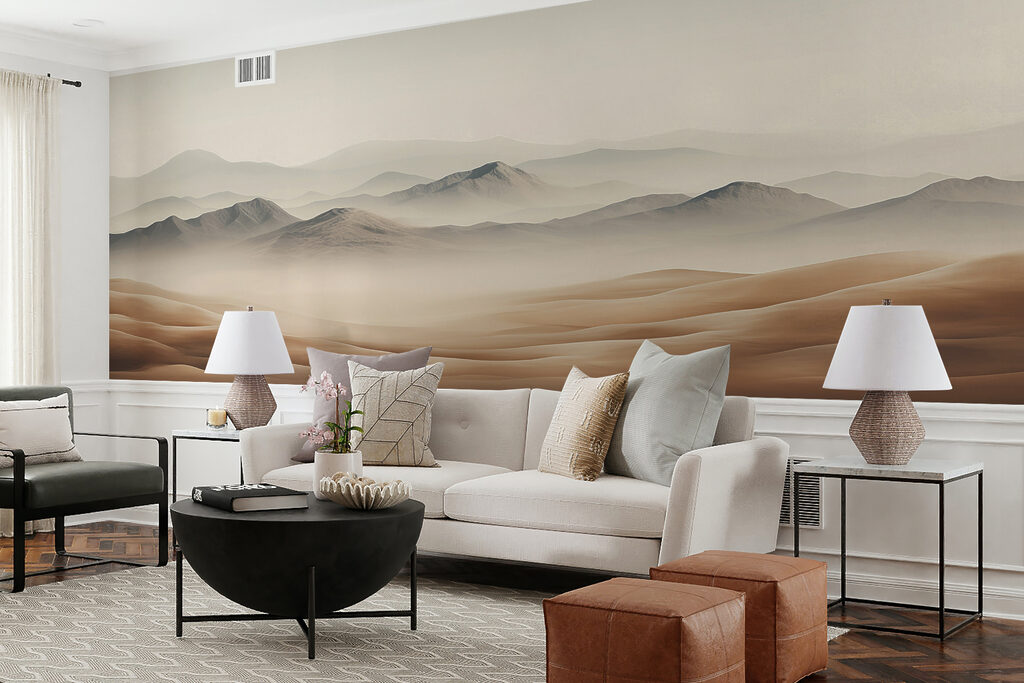 A desert landscape with hills and fog