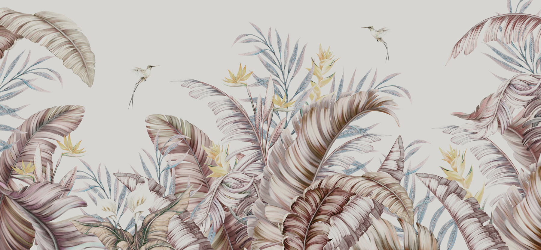 A painting of tropical plants and birds A painting of tropical plants and birds