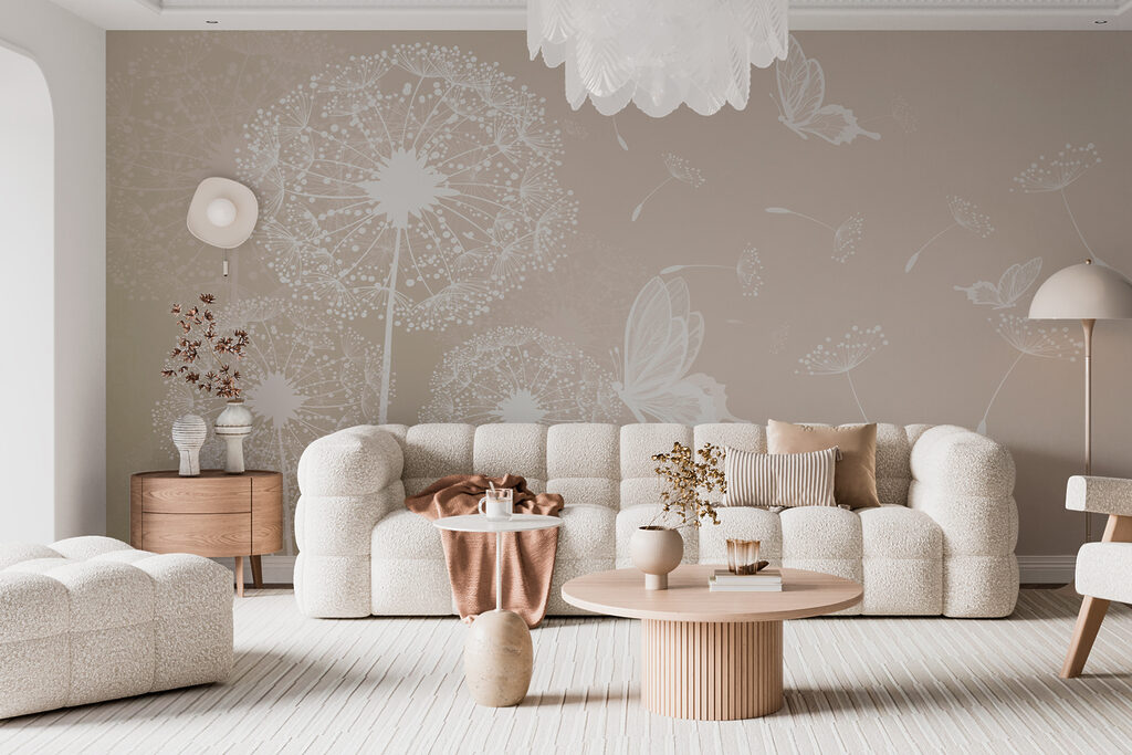 A white dandelions with butterflies flying