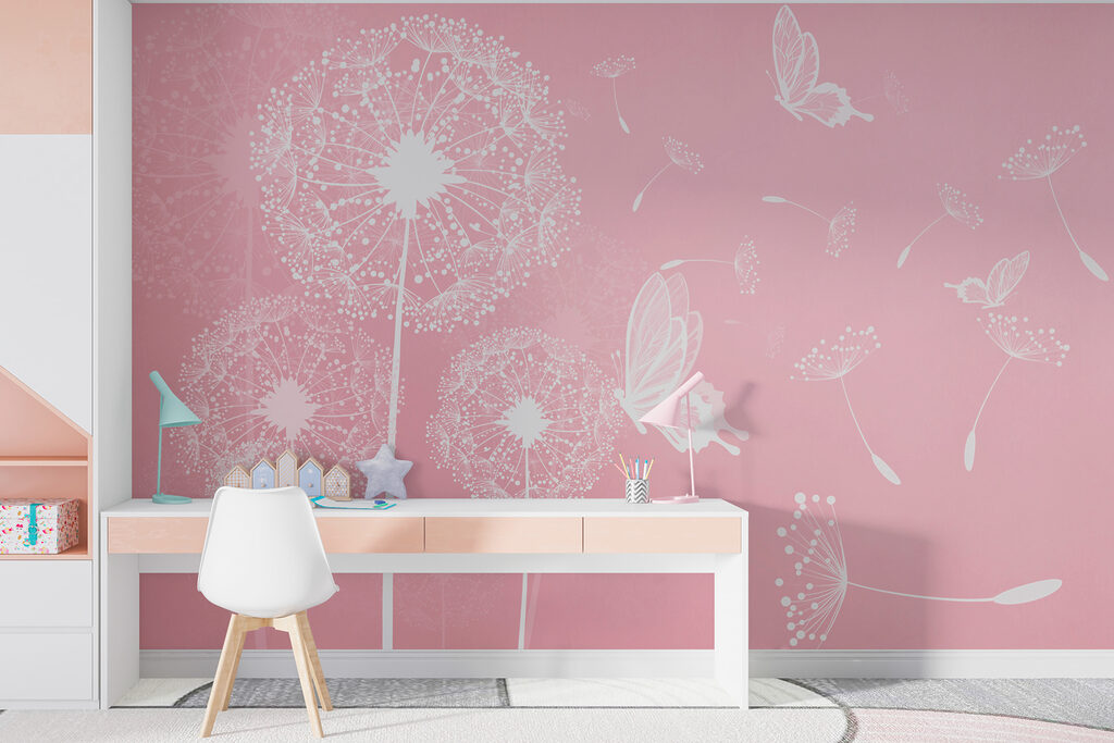 A pink background with white dandelions and butterflies