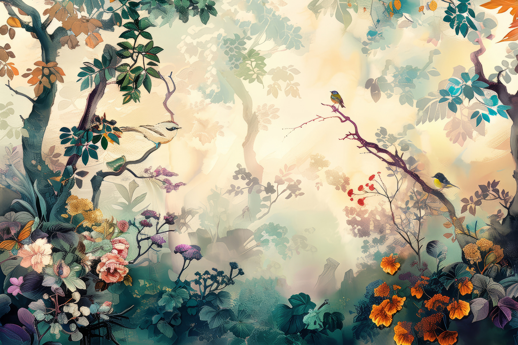 A painting of a tree with flowers and leaves A painting of a tree with flowers and leaves