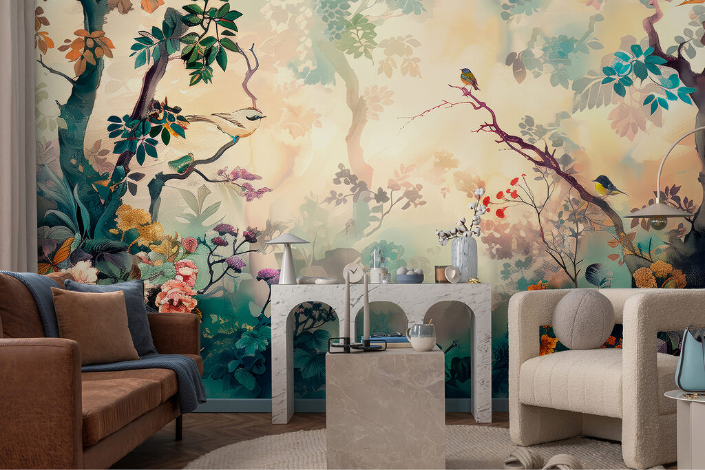 A painting of a tree with flowers and leaves A painting of a tree with flowers and leaves