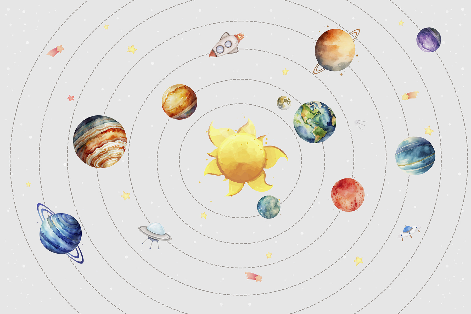 A solar system with planets and stars