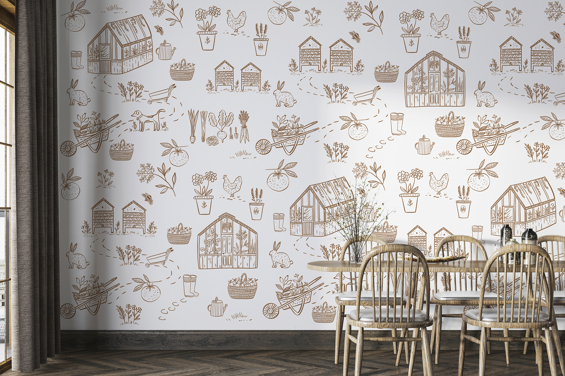 A pattern of gardening tools and plants A pattern of gardening tools and plants