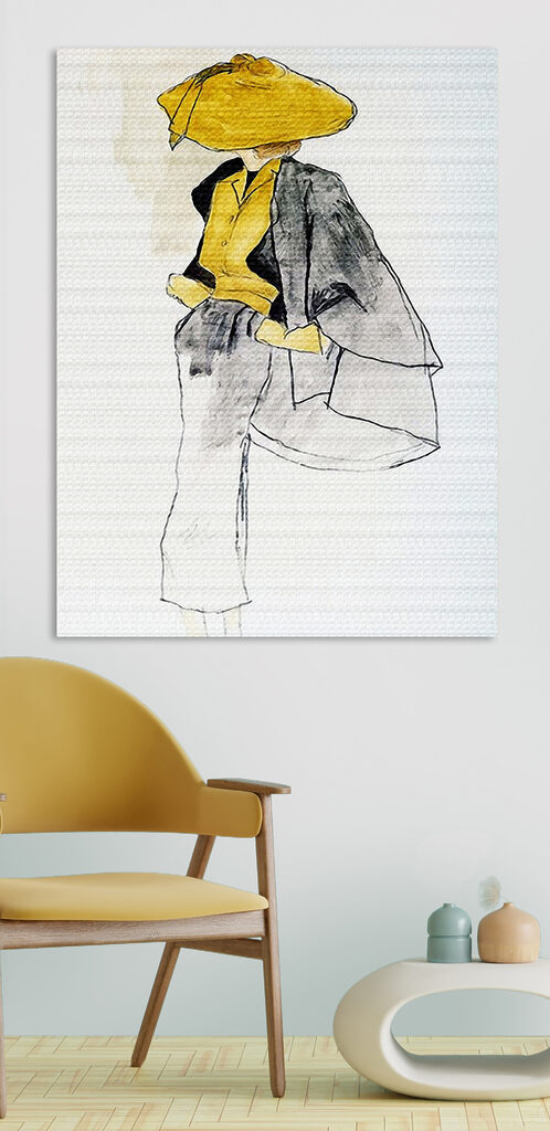 A woman wearing a yellow shirt and grey pants A woman wearing a yellow shirt and grey pants
