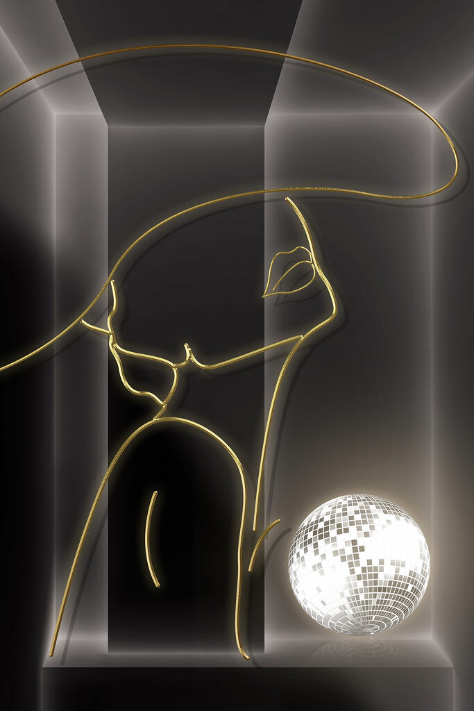 A drawing of a woman with a disco ball