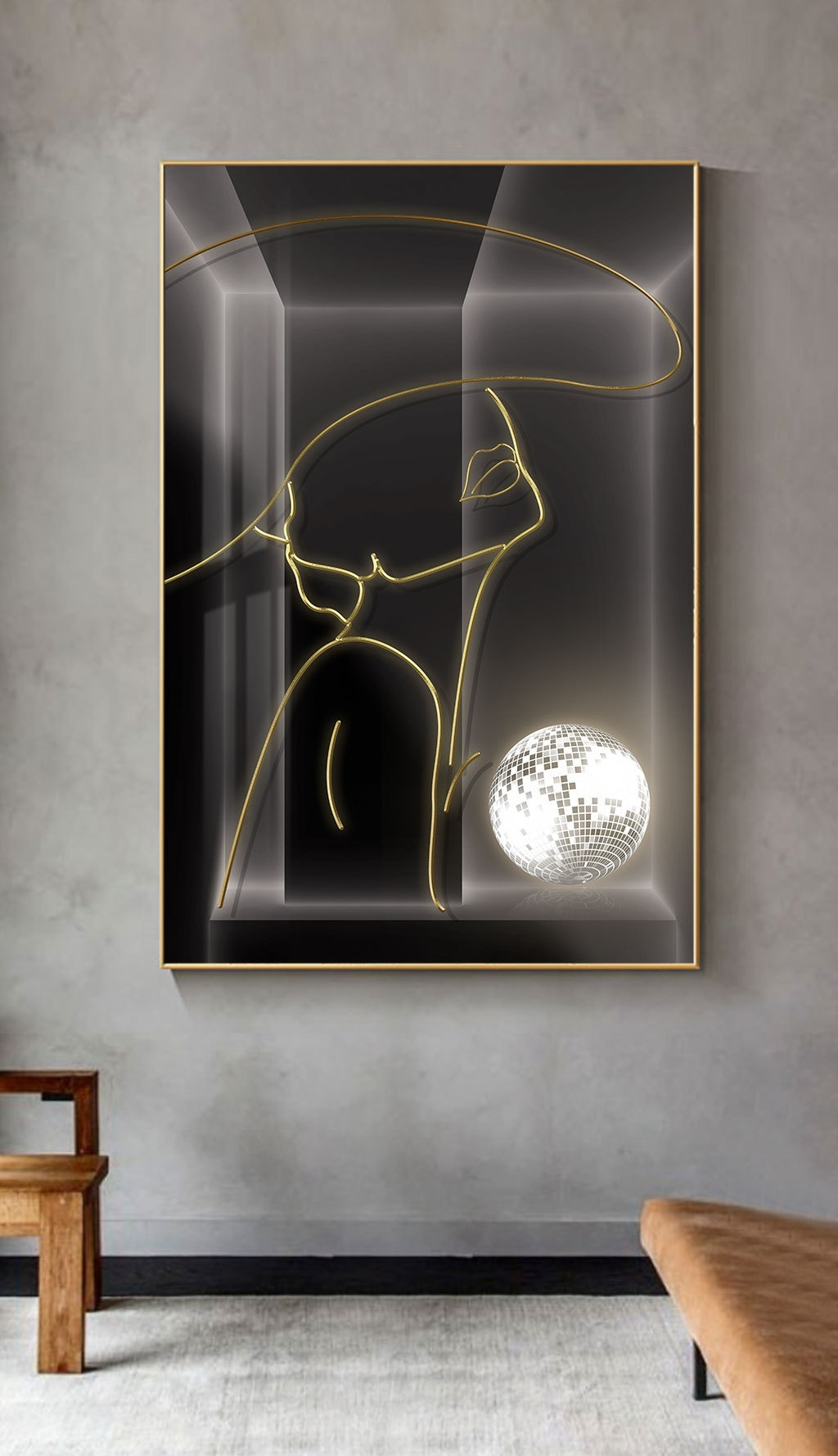 A drawing of a woman with a disco ball