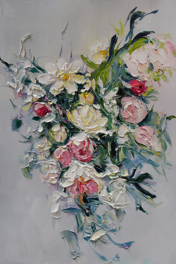A painting of flowers on a white surface A painting of flowers on a white surface